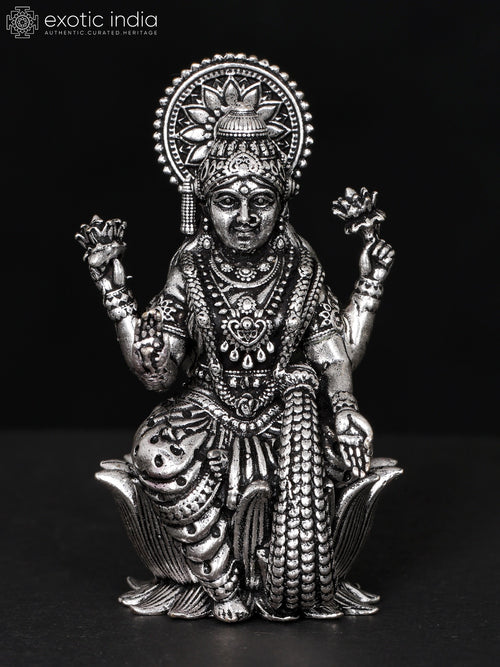 2" Blessing Goddess Lakshmi Silver Plated Brass Idol for Pooja
