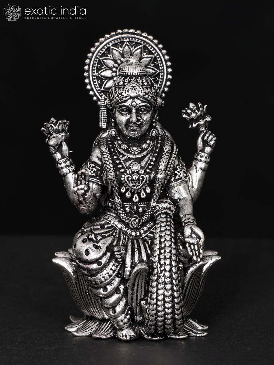 2" Blessing Goddess Lakshmi Silver Plated Brass Idol for Pooja