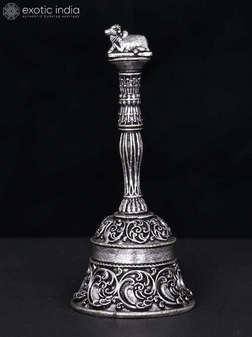 3" Handmade Nandi Bell Brass Statue with Silver Plating