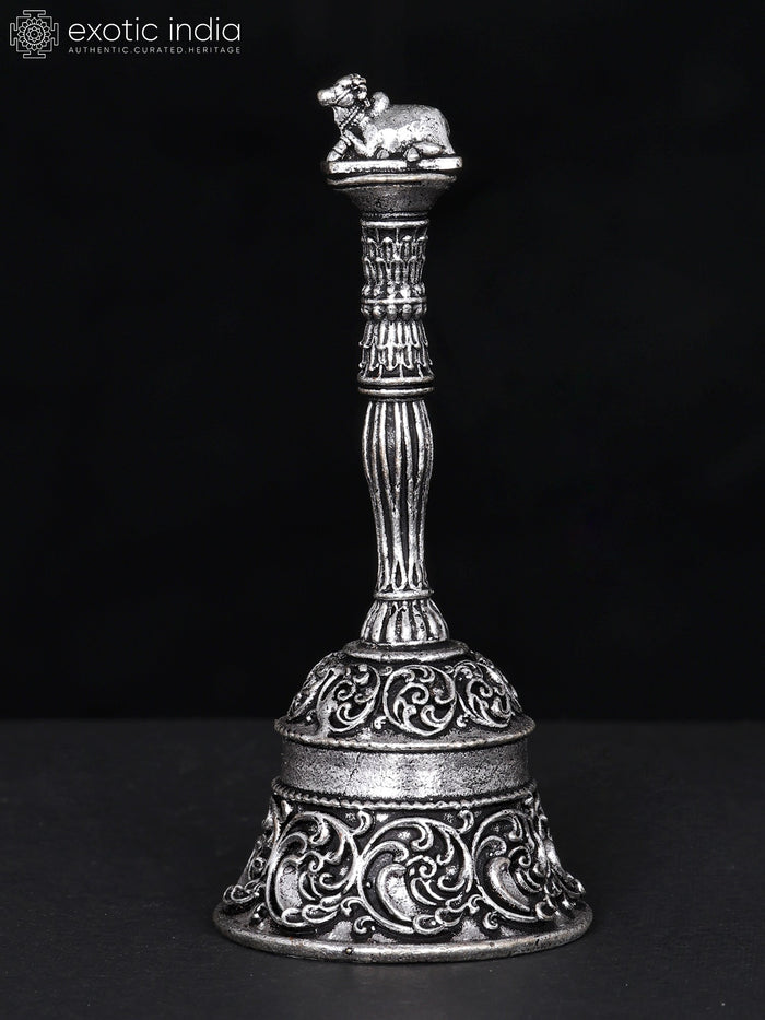3" Handmade Nandi Bell Brass Statue with Silver Plating