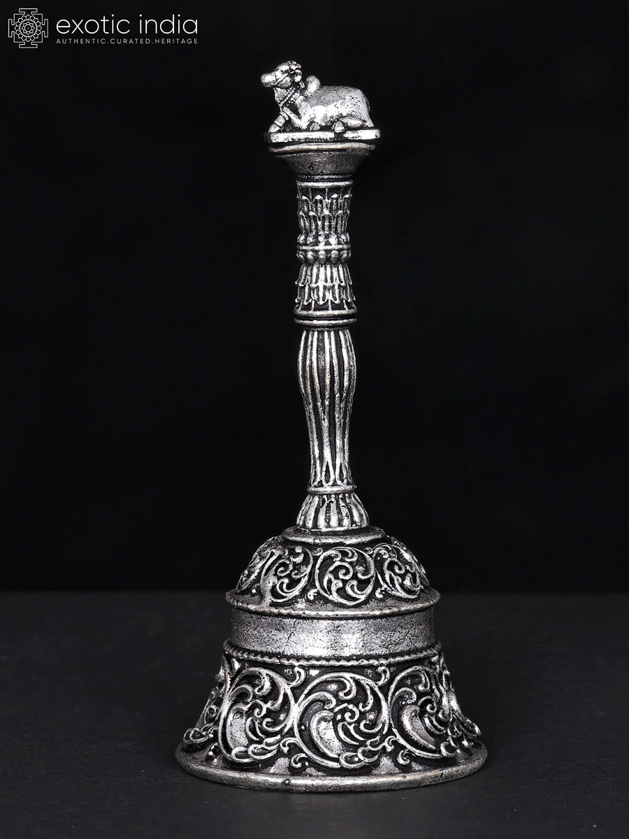 3" Handmade Nandi Bell Brass Statue with Silver Plating