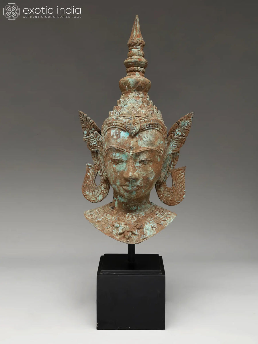 31" Thai Buddha Head Brass Statue on Wood Base