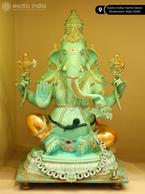 20" Turquoise Colored Four Armed Blessing Lord Ganesha | Brass Statue