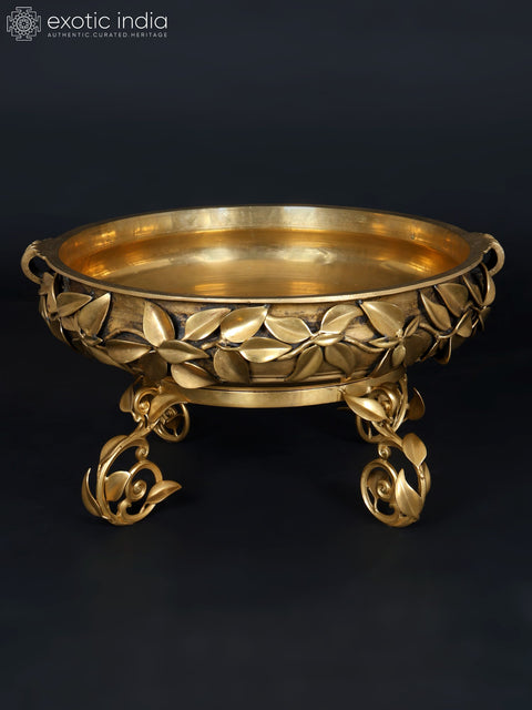 24" Leaves Design Brass Urli with Stand