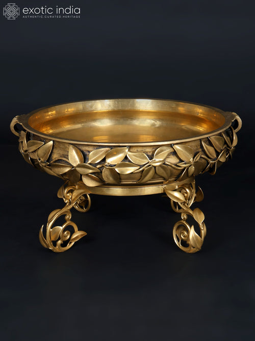 24" Leaves Design Brass Urli Sculpture with Stand