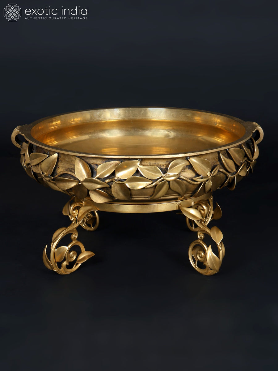 24" Leaves Design Brass Urli Sculpture with Stand