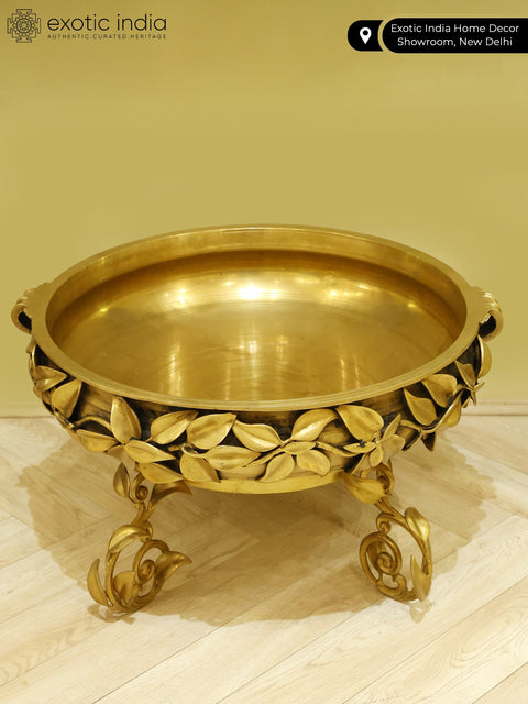 24" Leaves Design Brass Urli with Stand