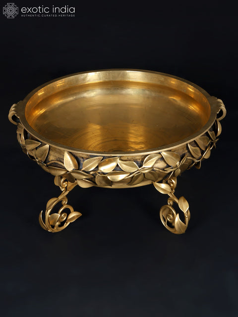 24" Leaves Design Brass Urli with Stand