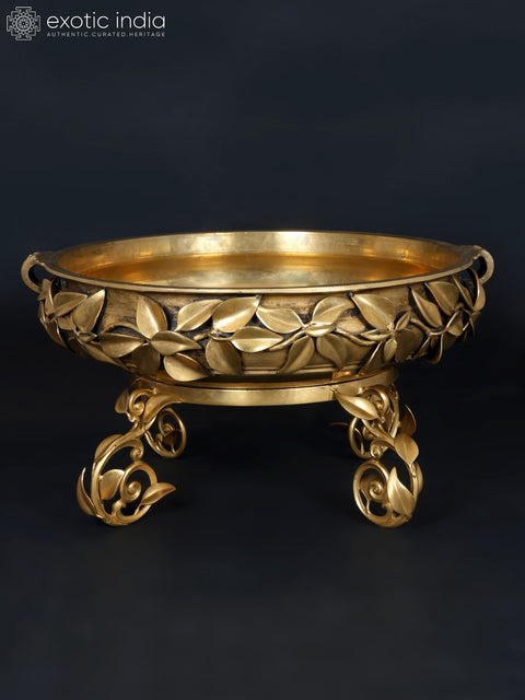 24" Leaves Design Brass Urli with Stand