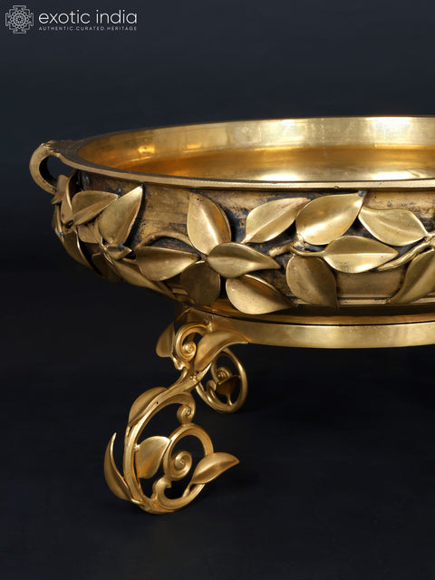 24" Leaves Design Brass Urli with Stand