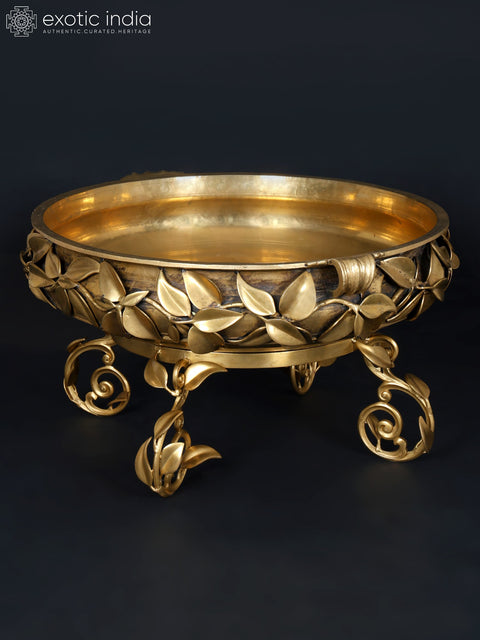 24" Leaves Design Brass Urli with Stand