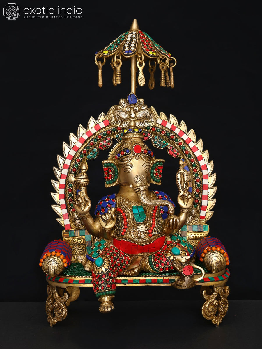 17" Ganapati Brass Idol on Kirtimukha Throne with Inlay Work