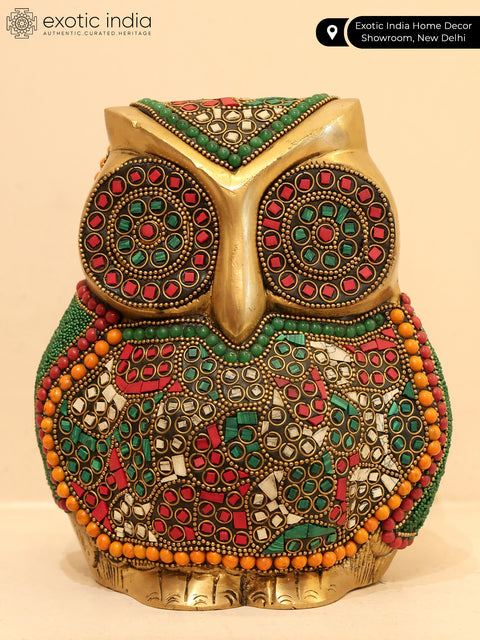 7" Decorative Owl | Table Decor | Brass Statue with Inlay Work
