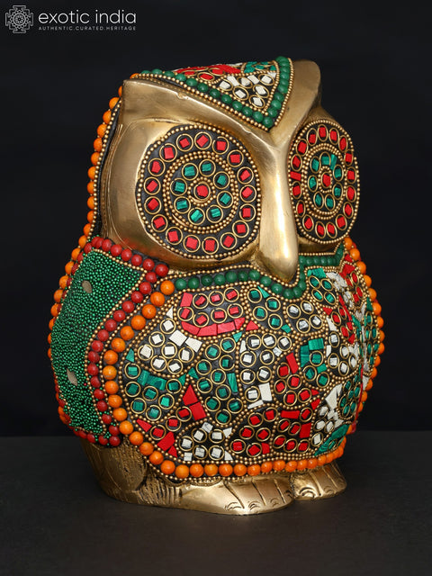 7" Decorative Owl | Table Decor | Brass Statue with Inlay Work