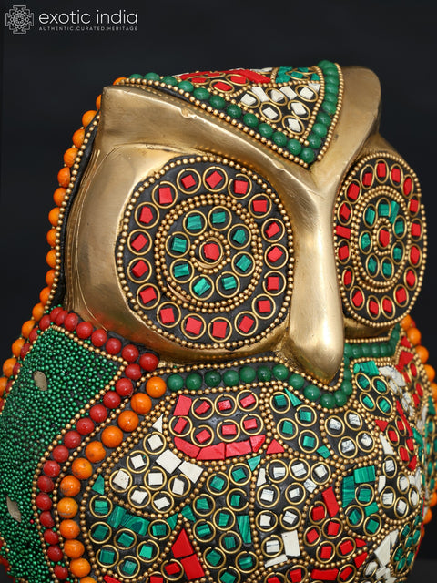 7" Decorative Owl | Table Decor | Brass Statue with Inlay Work