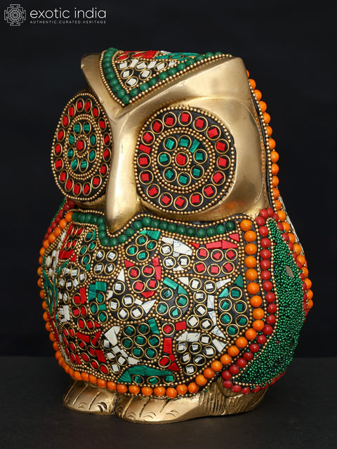7" Decorative Owl | Table Decor | Brass Statue with Inlay Work