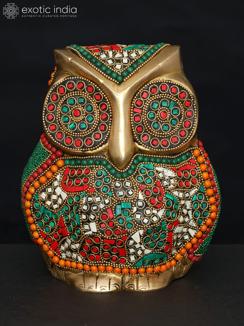 7" Decorative Owl | Table Decor | Brass Statue with Inlay Work