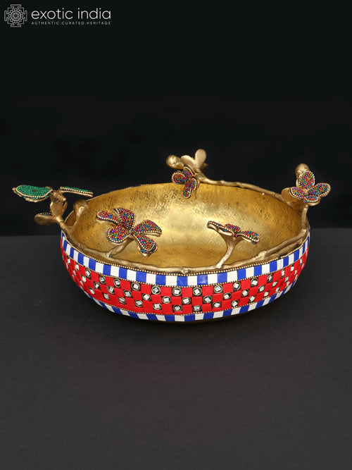 10" Brass Flower Urli Decorative Bowl with Inlay Work