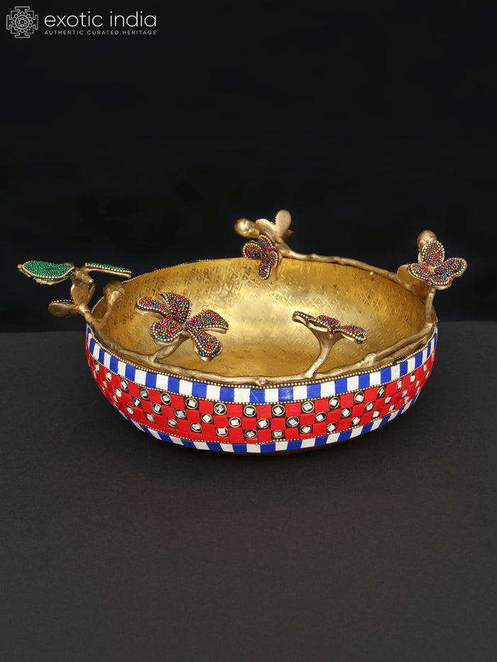 10" Brass Flower Urli Decorative Bowl with Inlay Work