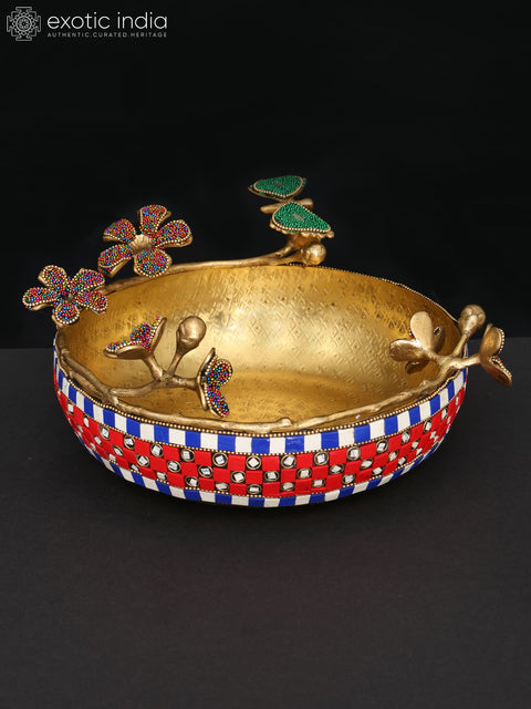 10" Decorative Flower Urli in Brass with Inlay Work