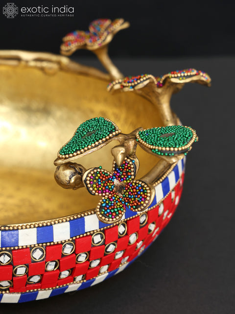 10" Decorative Flower Urli in Brass with Inlay Work