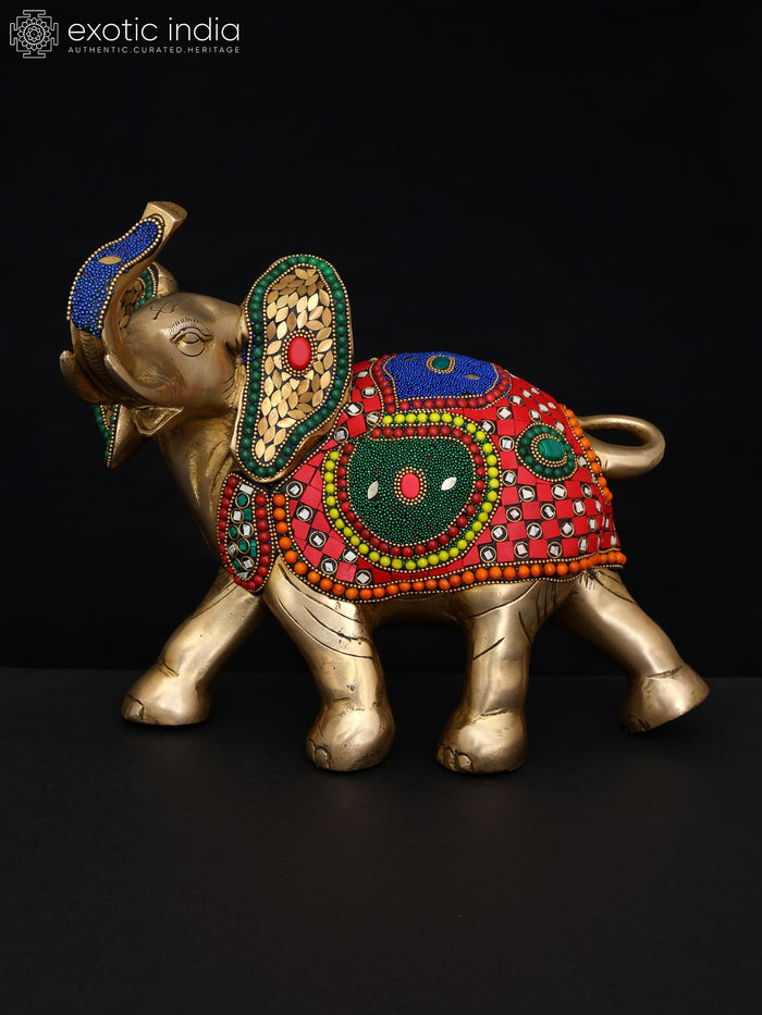 12" Brass Elephant Statue with Upraised Trunk and Inlay Work