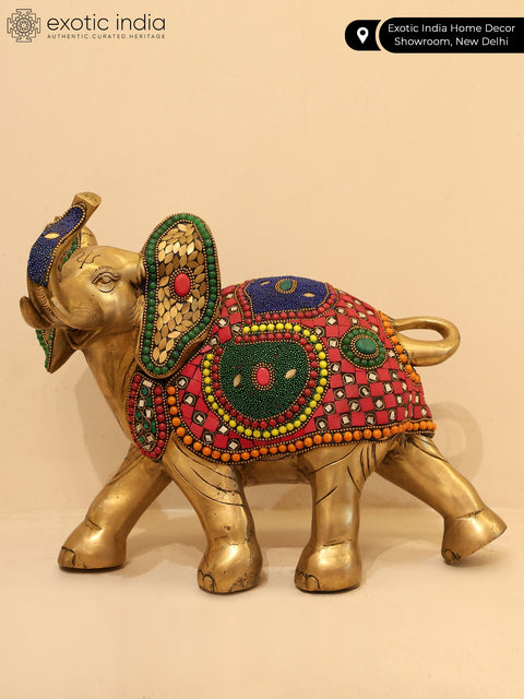12" Decorative Elephant with Upraised Trunk | Brass Statue with Inlay Work
