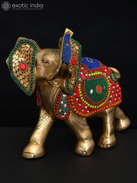 12" Decorative Elephant with Upraised Trunk | Brass Statue with Inlay Work