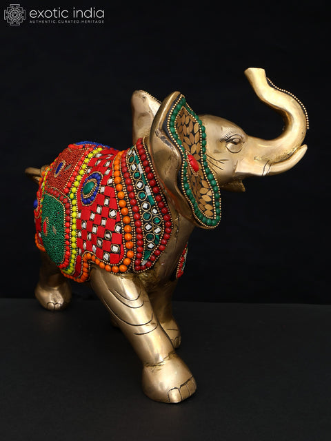 12" Decorative Elephant with Upraised Trunk | Brass Statue with Inlay Work