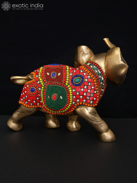 12" Decorative Elephant with Upraised Trunk | Brass Statue with Inlay Work