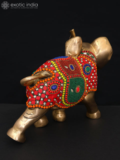 12" Decorative Elephant with Upraised Trunk | Brass Statue with Inlay Work