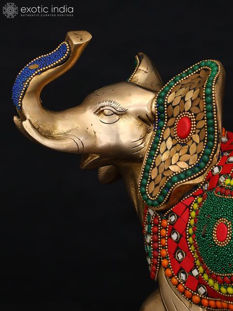 12" Decorative Elephant with Upraised Trunk | Brass Statue with Inlay Work