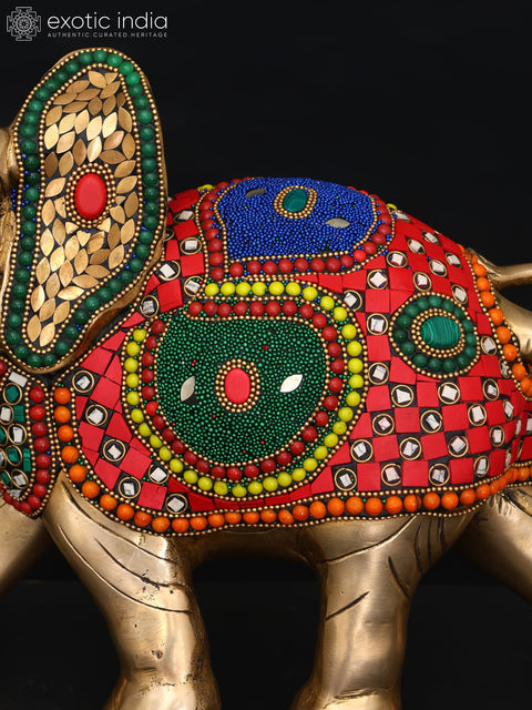 12" Decorative Elephant with Upraised Trunk | Brass Statue with Inlay Work