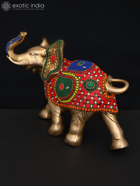 12" Decorative Elephant with Upraised Trunk | Brass Statue with Inlay Work