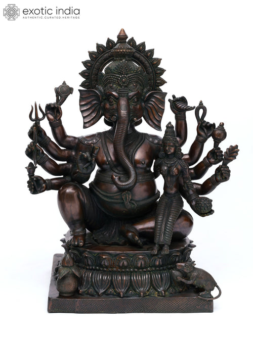 36" Handmade Ten Armed Mahaganapati Brass Statue