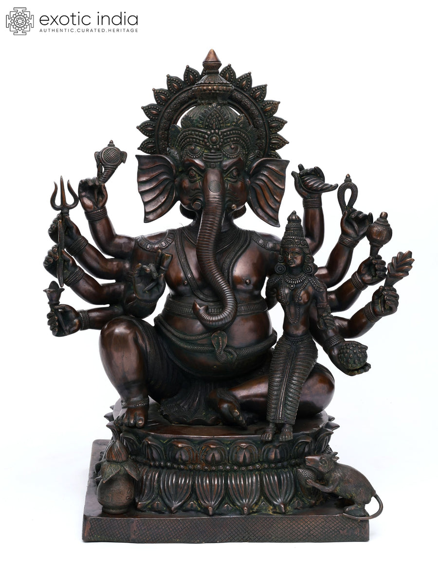 36" Handmade Ten Armed Mahaganapati Brass Statue