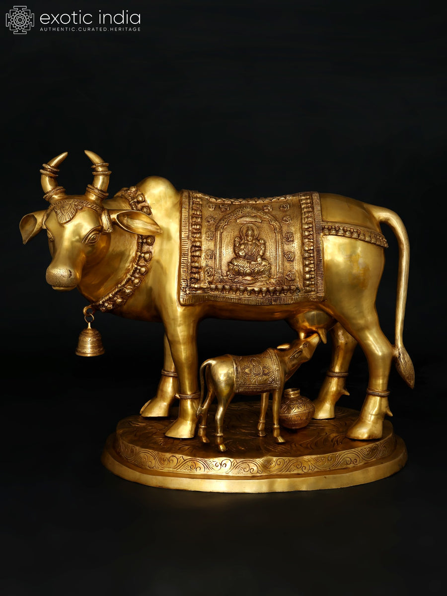 34" Brass Cow and Calf with Lakshmi Ganesha Statue