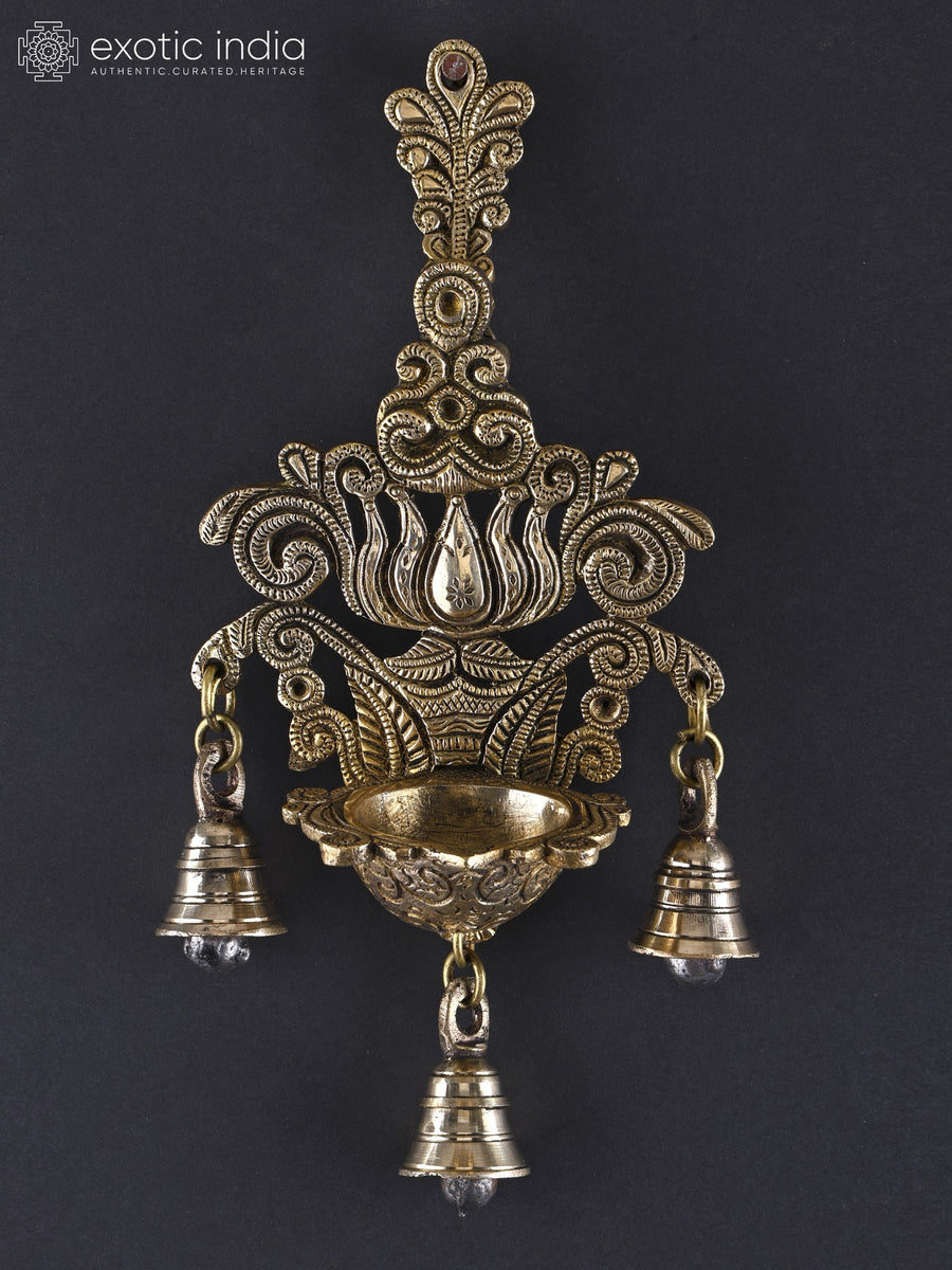 10" Brass Lotus Wall Hanging Lamp with Bells for Pooja
