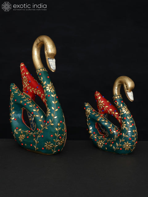 11" Cygnet with Mother Swan Figurine | Brass Statues with Inlay Work | Table Decor
