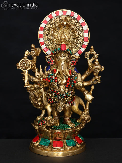 11" Handmade Drishti Ganesha Brass Statue with Inlay Work