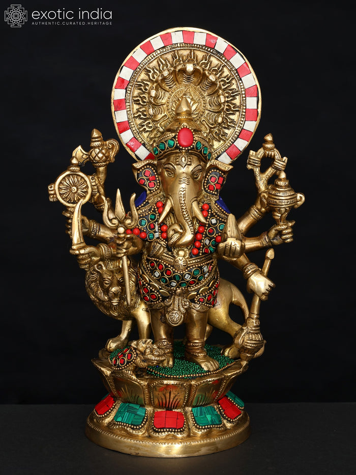 11" Handmade Drishti Ganesha Brass Statue with Inlay Work