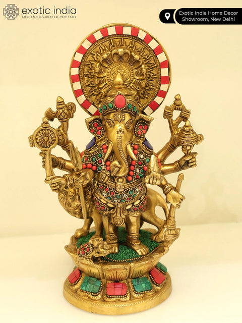 11" Drishti Ganesha Statue in Brass with Inlay Work