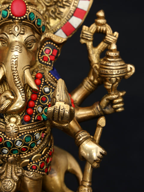11" Drishti Ganesha Statue in Brass with Inlay Work