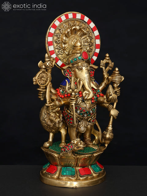 11" Drishti Ganesha Statue in Brass with Inlay Work