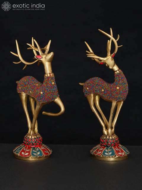 11" Brass Pair of Reindeers with Inlay Work | Table Decor