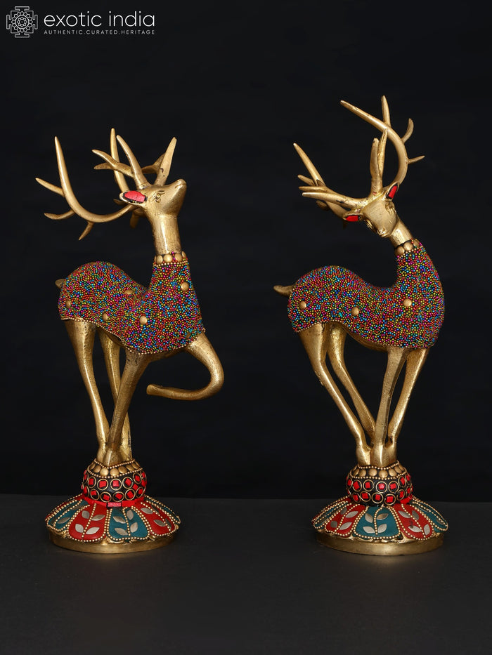 11" Brass Pair of Reindeers with Inlay Work Table Decor