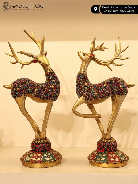11" Brass Pair of Reindeers with Inlay Work | Table Decor