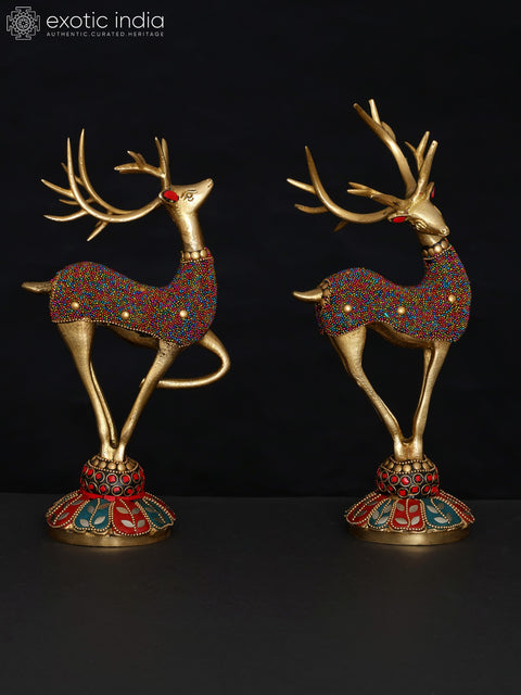 11" Brass Pair of Reindeers with Inlay Work | Table Decor