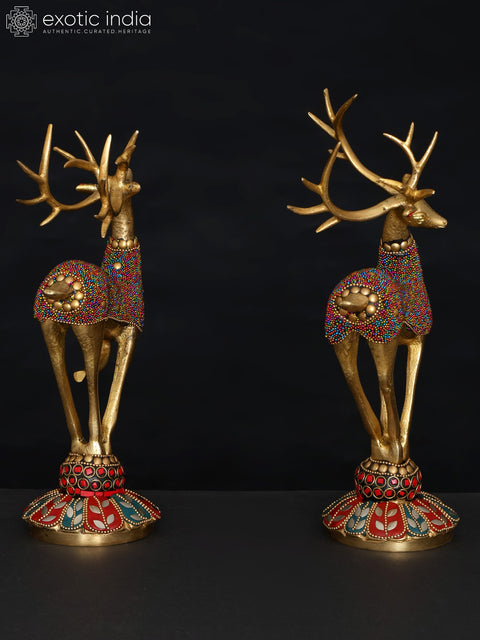 11" Brass Pair of Reindeers with Inlay Work | Table Decor