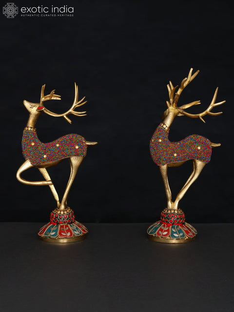 11" Brass Pair of Reindeers with Inlay Work | Table Decor
